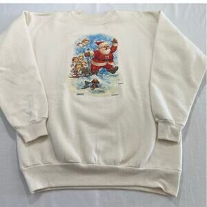 VTG Santa Claus Graphic Print White Sweatshirt size M Classic Christmas